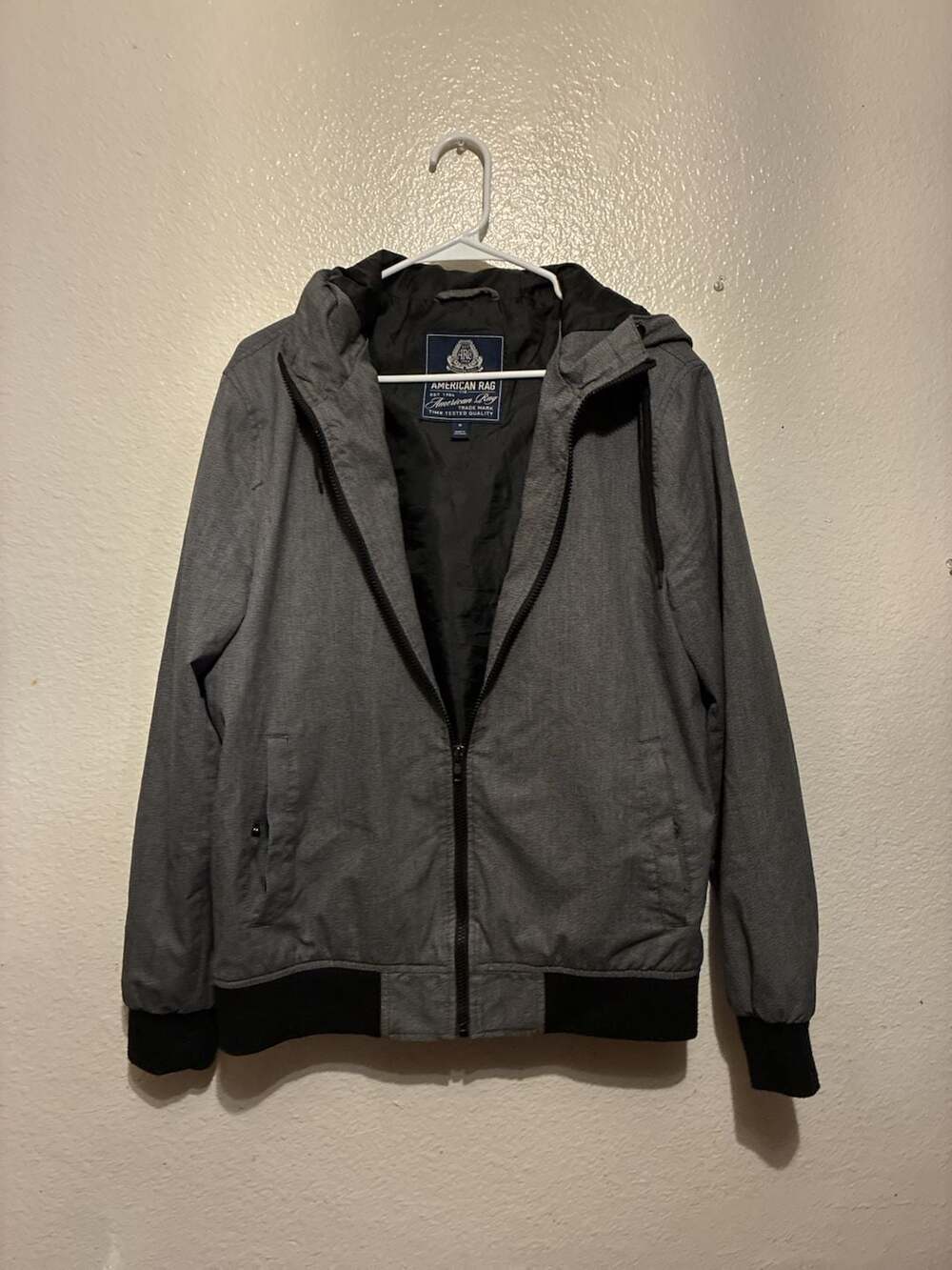 American Rag Men's Heather Grey Zip-Up Hooded Softshell Bomber Jacket